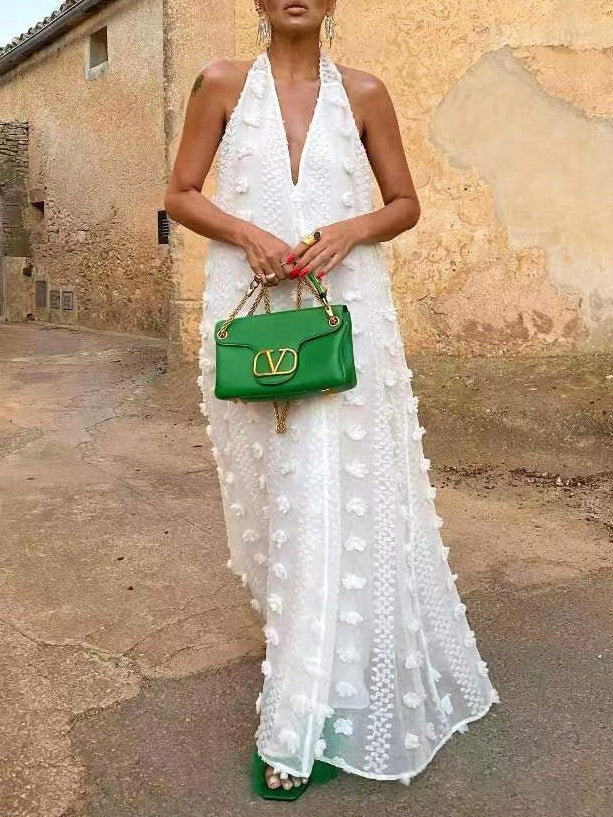 Halter V Neck Pom Applique Maxi Dress - White - 1