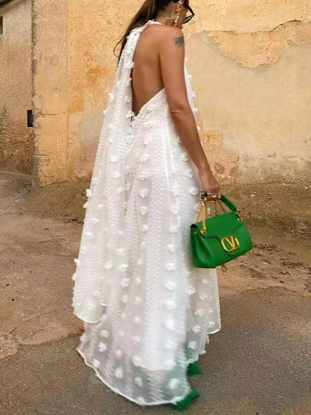 Halter V Neck Pom Applique Maxi Dress - White - 2