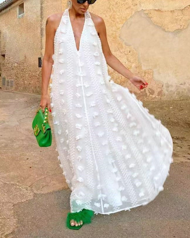 Halter V Neck Pom Applique Maxi Dress - White - 3