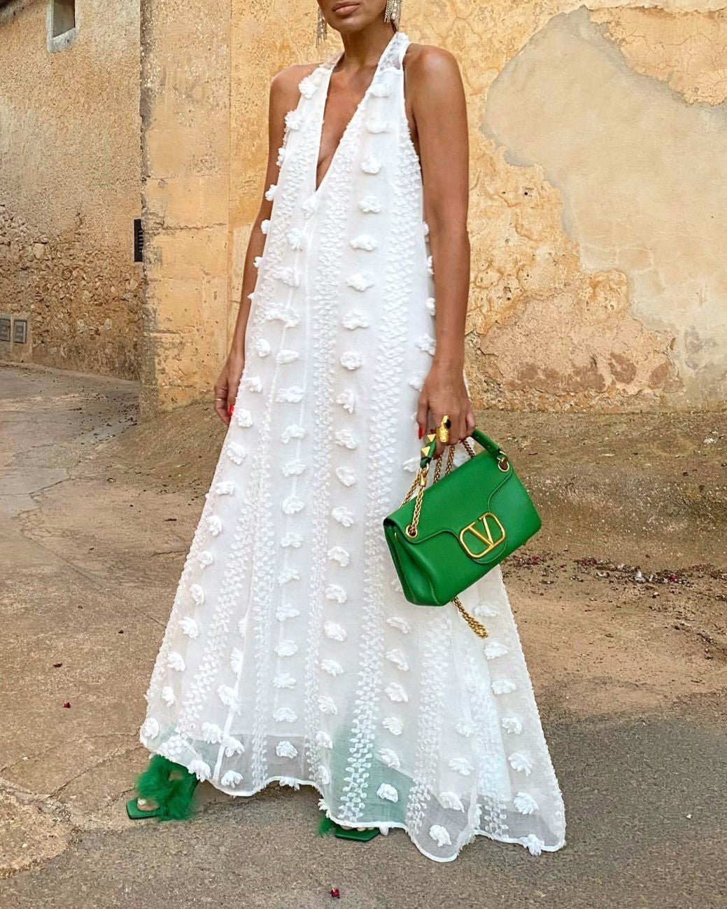 Halter V Neck Pom Applique Maxi Dress