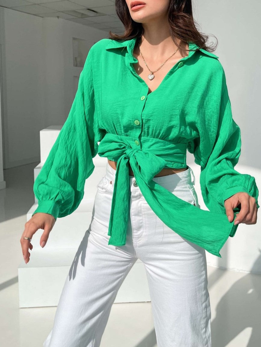 Oversized Tie Front Cropped Shirt - Green