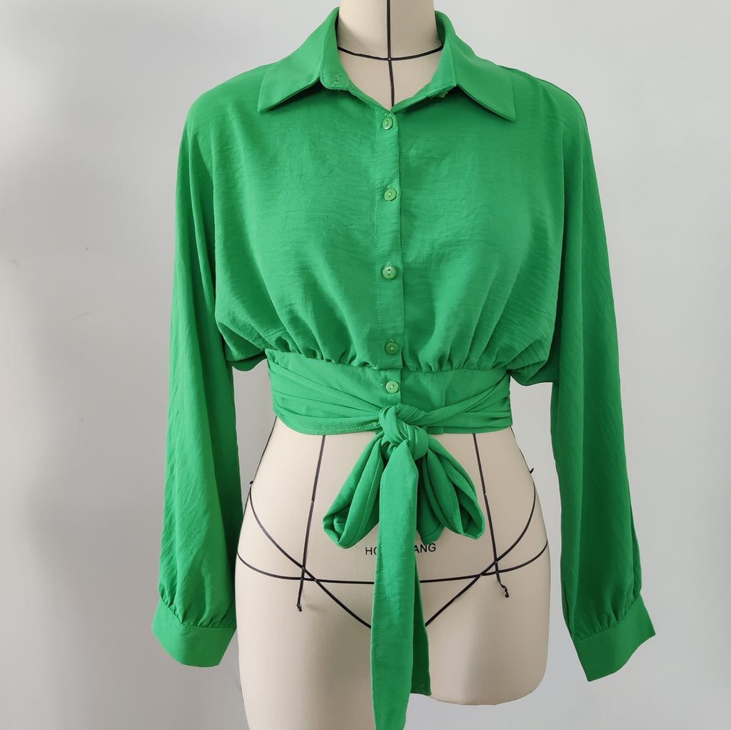 Oversized Tie Front Cropped Shirt - Green - 2