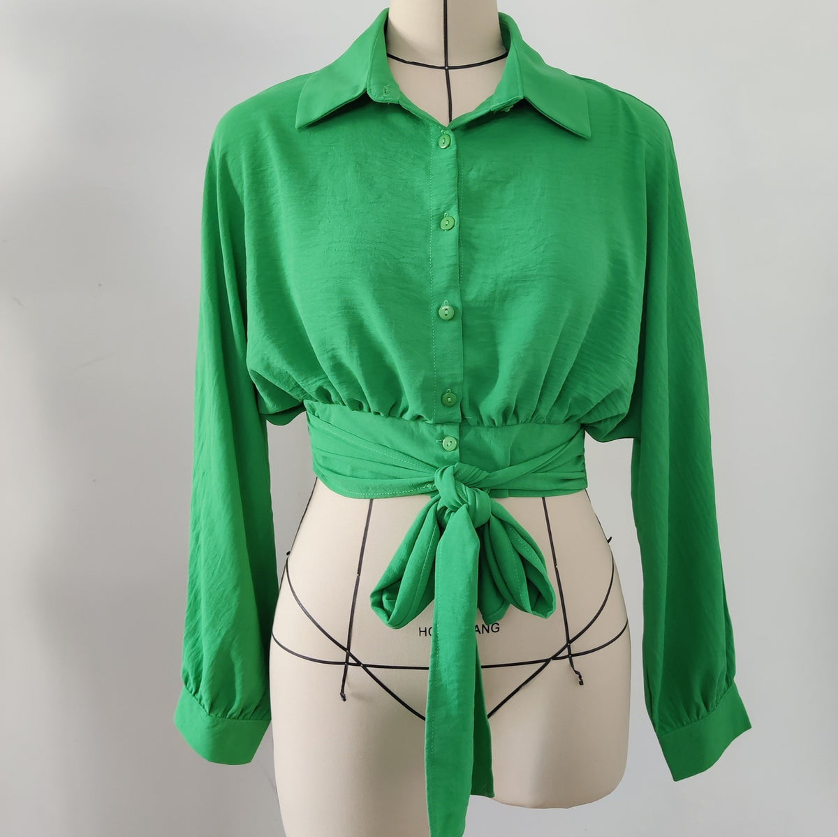 Oversized Tie Front Cropped Shirt - Green - 2