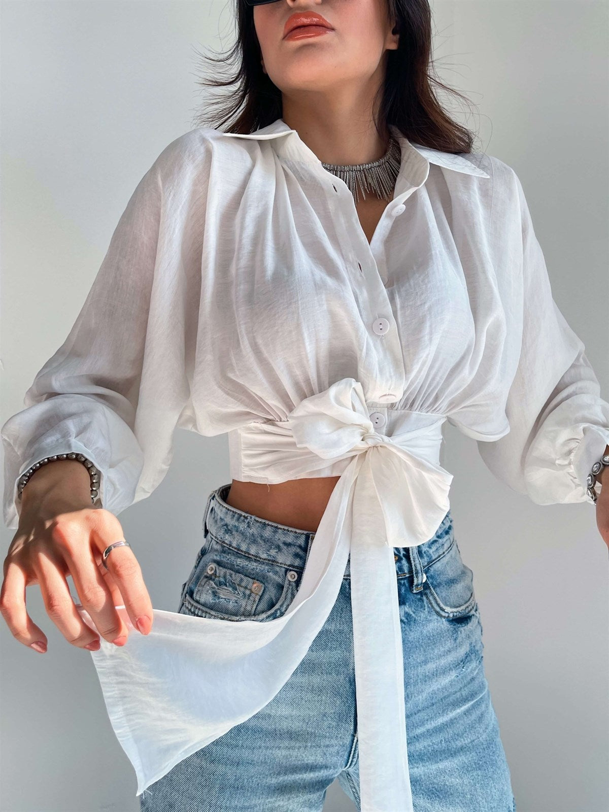 Oversized Tie Front Cropped Shirt - White