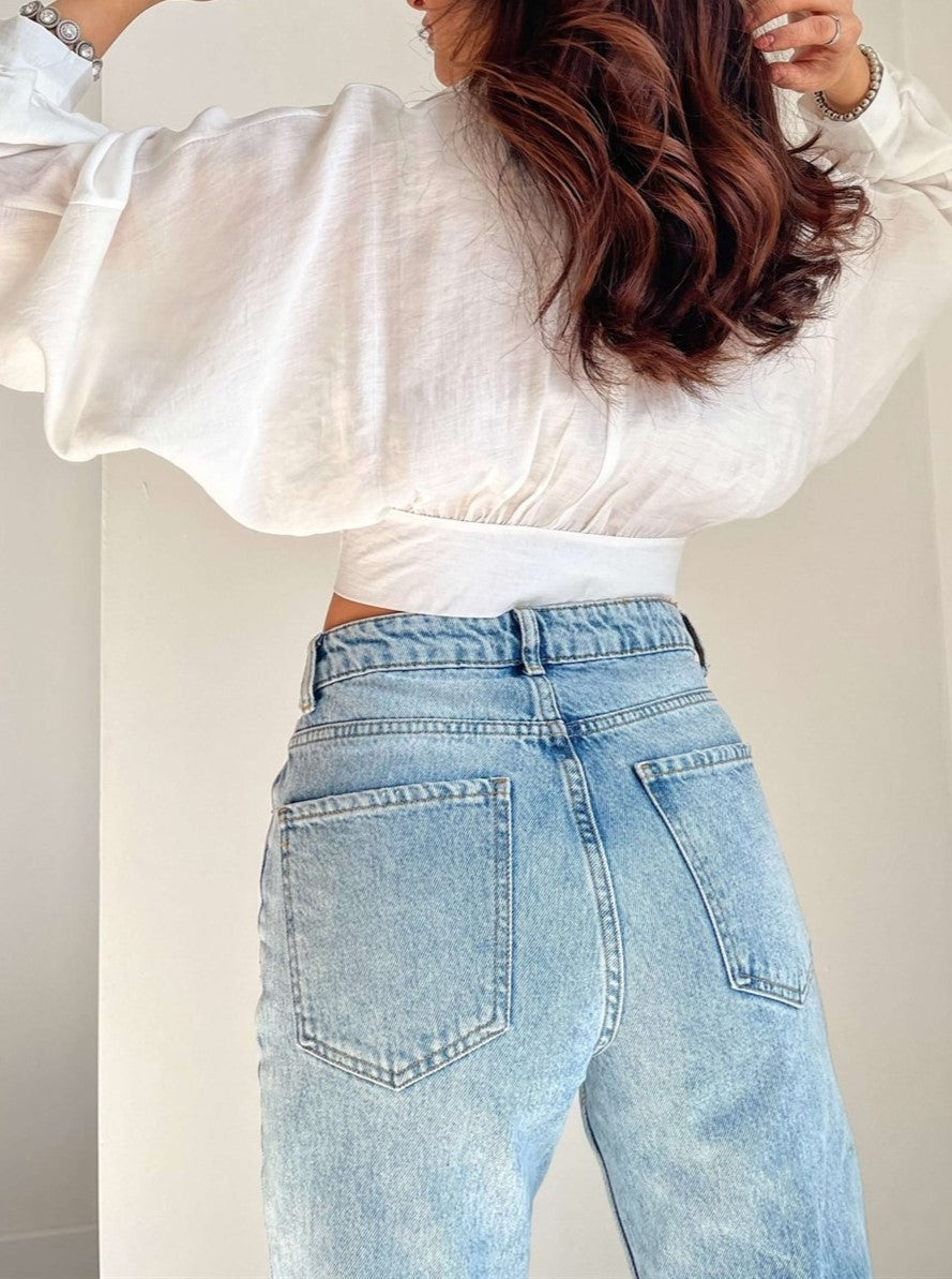 Oversized Tie Front Cropped Shirt - White - 1