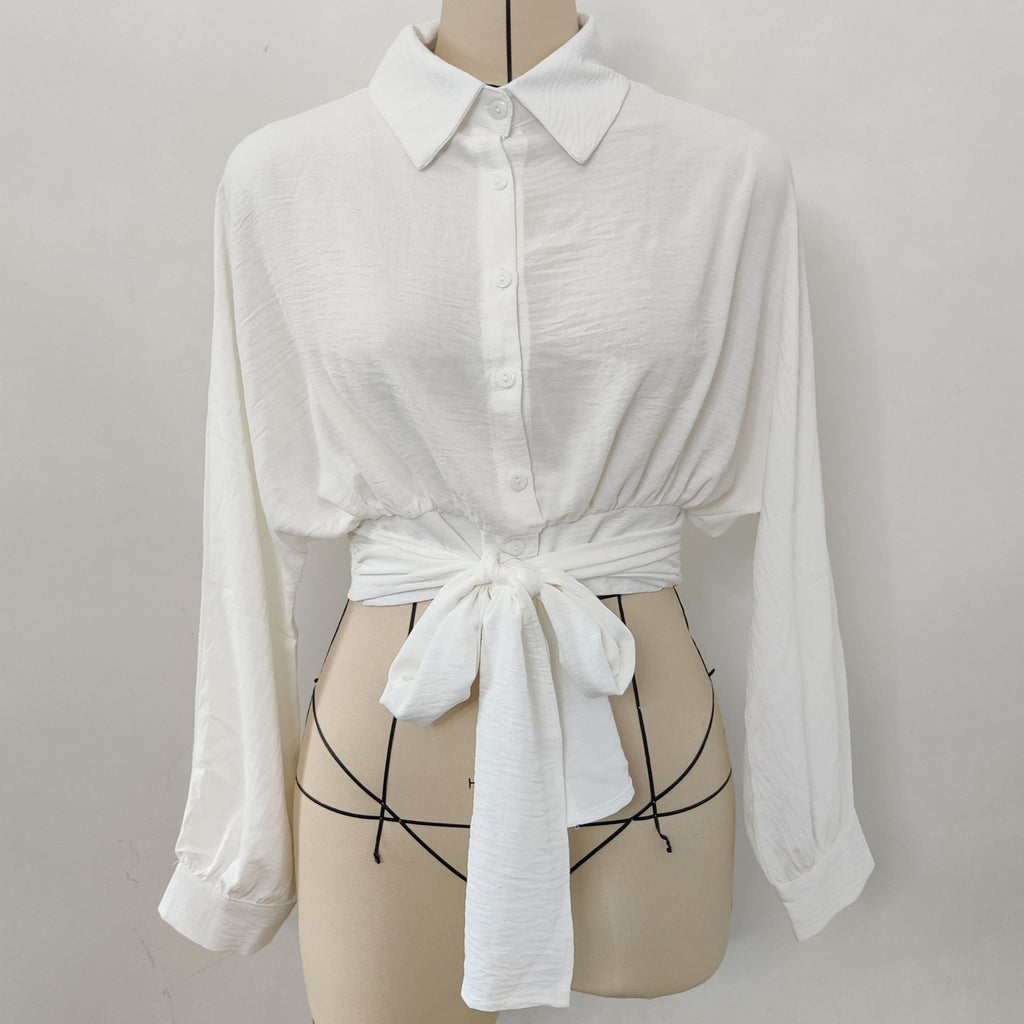 Oversized Tie Front Cropped Shirt - White - 2