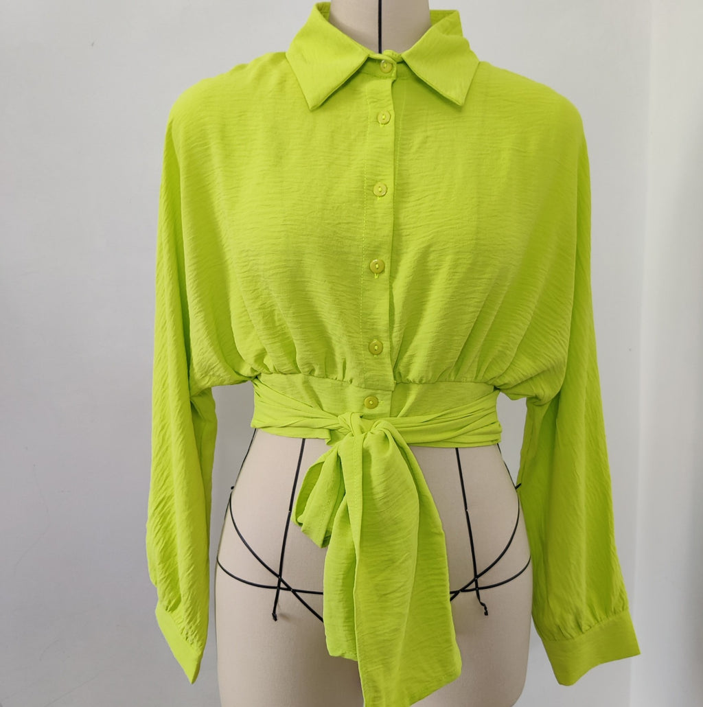 Oversized Tie Front Cropped Shirt - Yellow - 3