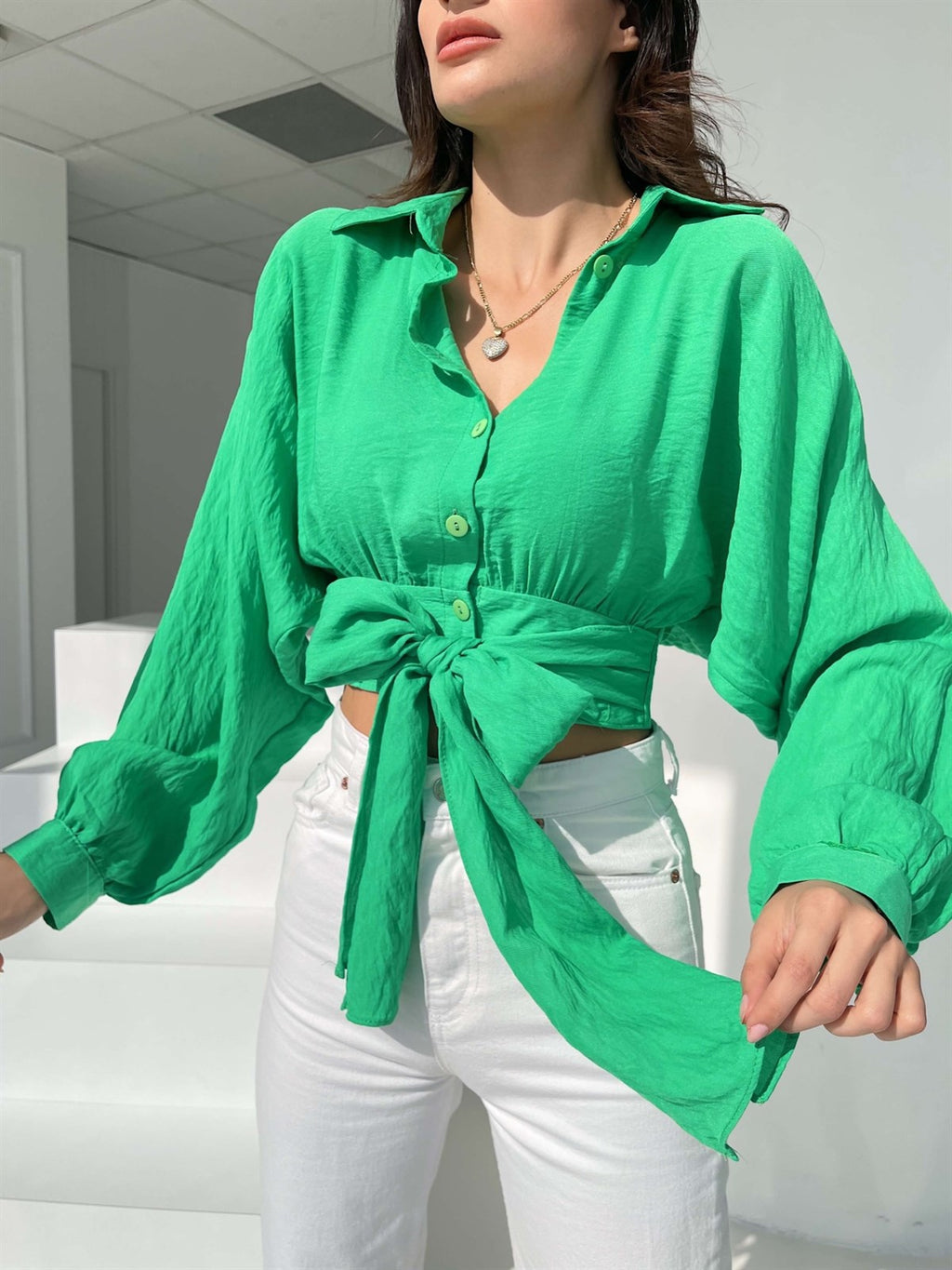 Oversized Tie Front Cropped Shirt - view 1