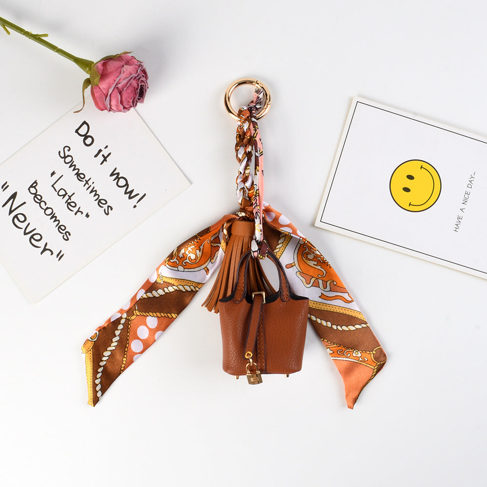 Mini Bucket Purse Keychain With Twilly Scarf - Brown - 1
