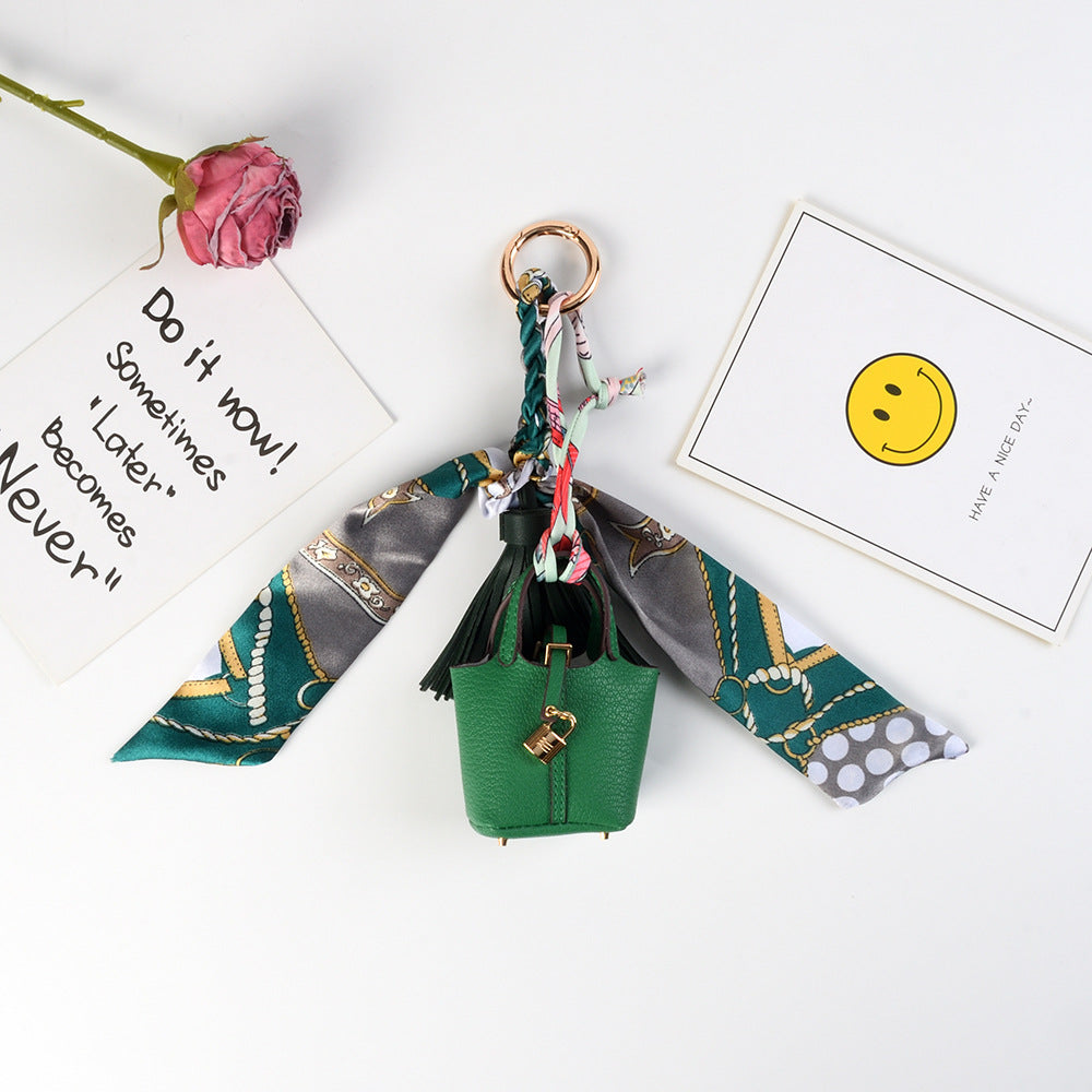 Mini Bucket Purse Keychain With Twilly Scarf - Green