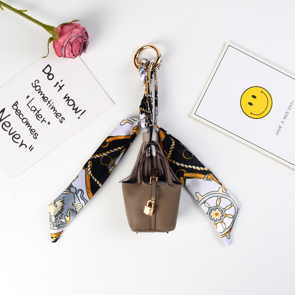 Mini Bucket Purse Keychain With Twilly Scarf - Grey