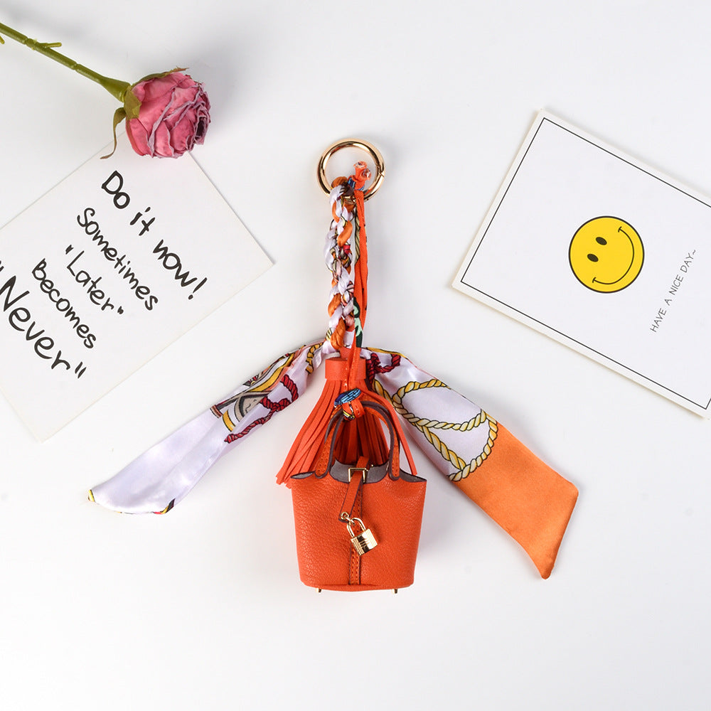 Mini Bucket Purse Keychain With Twilly Scarf - Orange