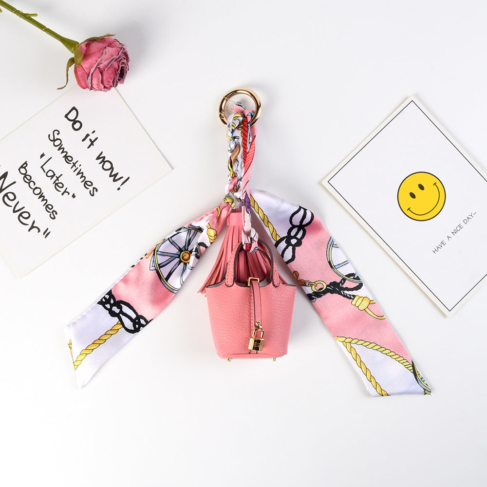 Mini Bucket Purse Keychain With Twilly Scarf - Pink