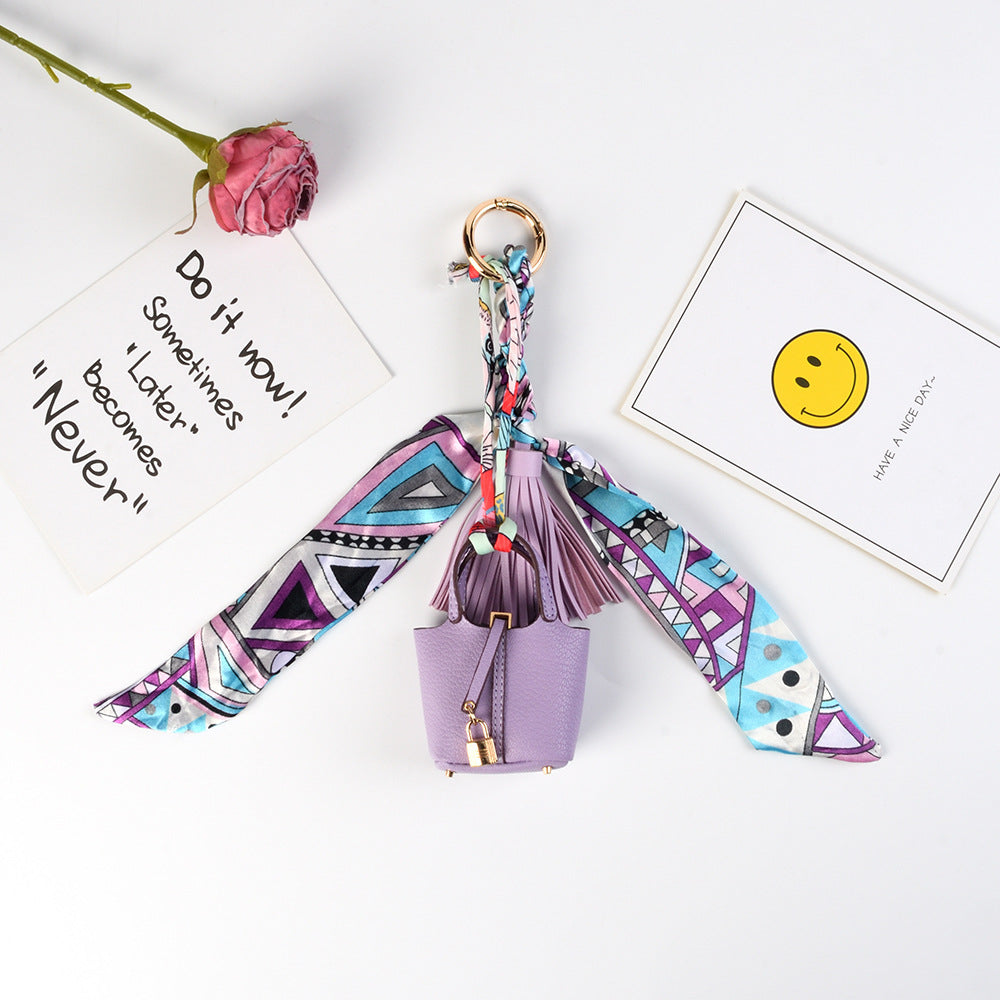 Mini Bucket Purse Keychain With Twilly Scarf - Purple