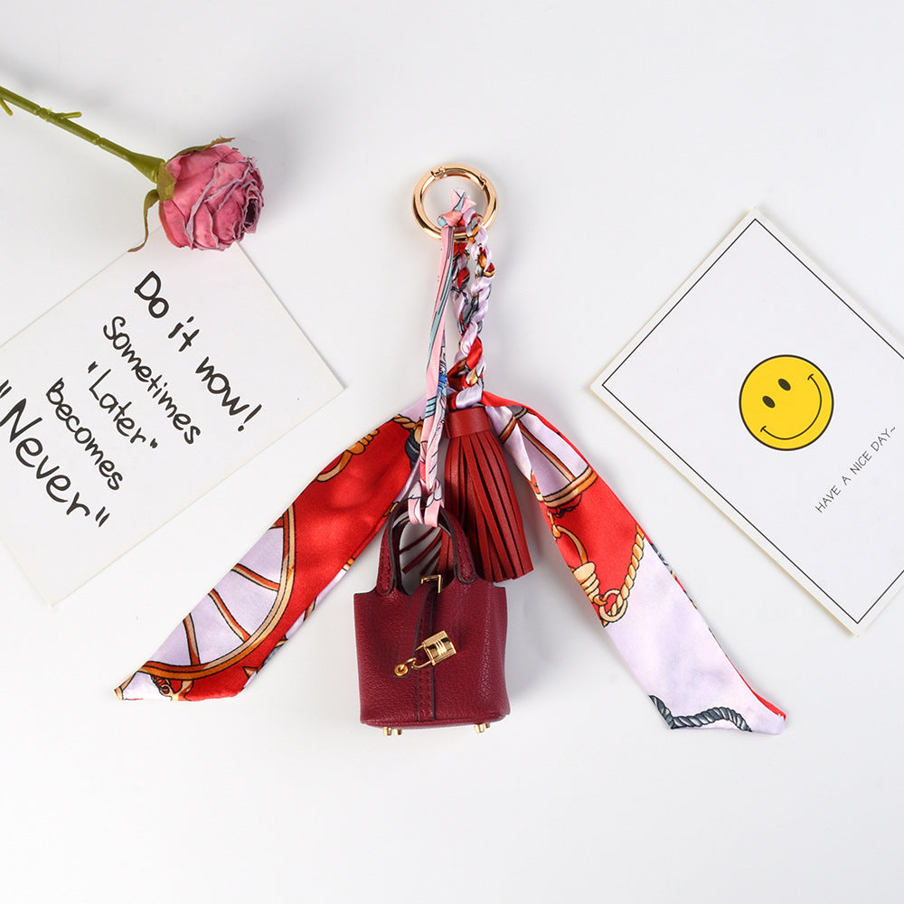Mini Bucket Purse Keychain With Twilly Scarf - Red