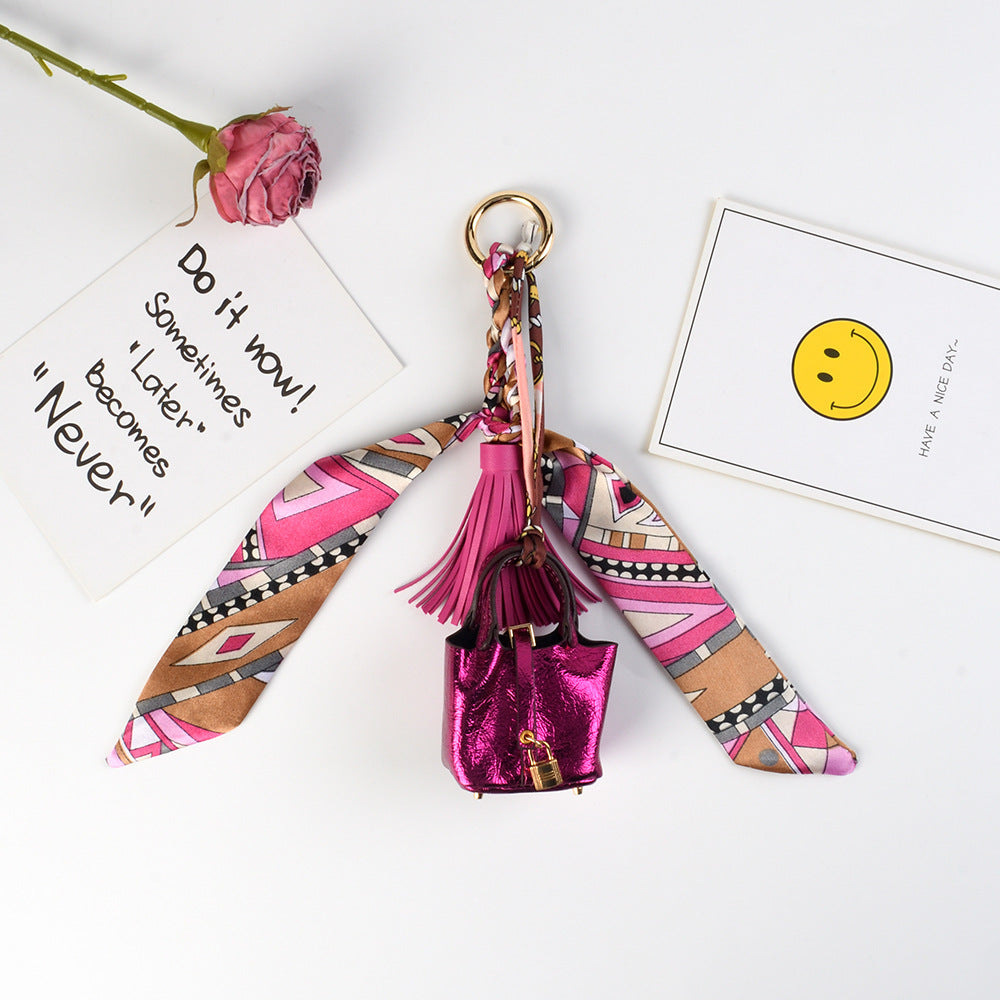 Mini Bucket Purse Keychain With Twilly Scarf - Rose