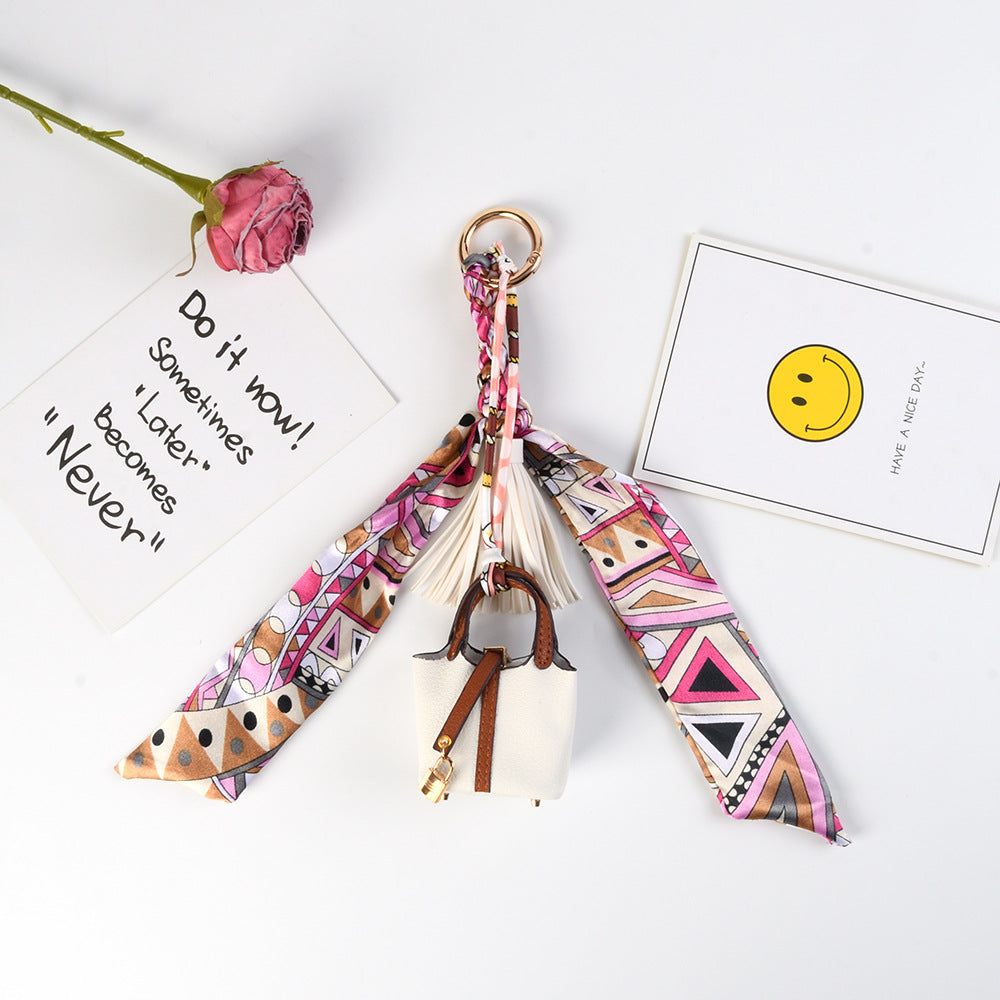 Mini Bucket Purse Keychain With Twilly Scarf - White