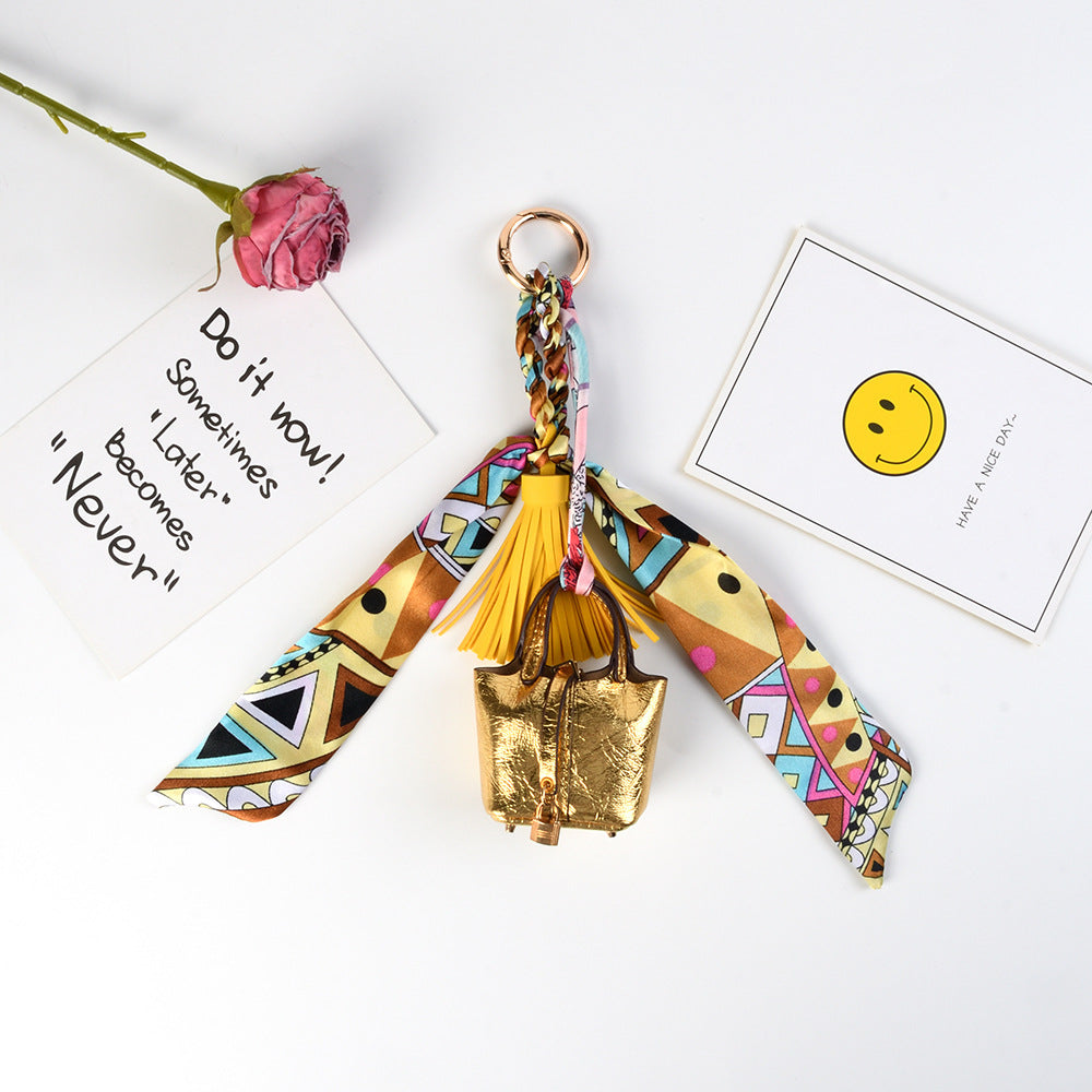 Mini Bucket Purse Keychain With Twilly Scarf - Yellow
