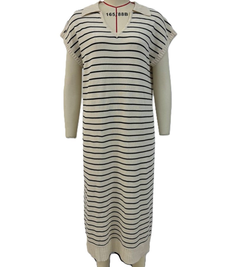 Striped Knit Polo Collar Maxi Dress - Apricot