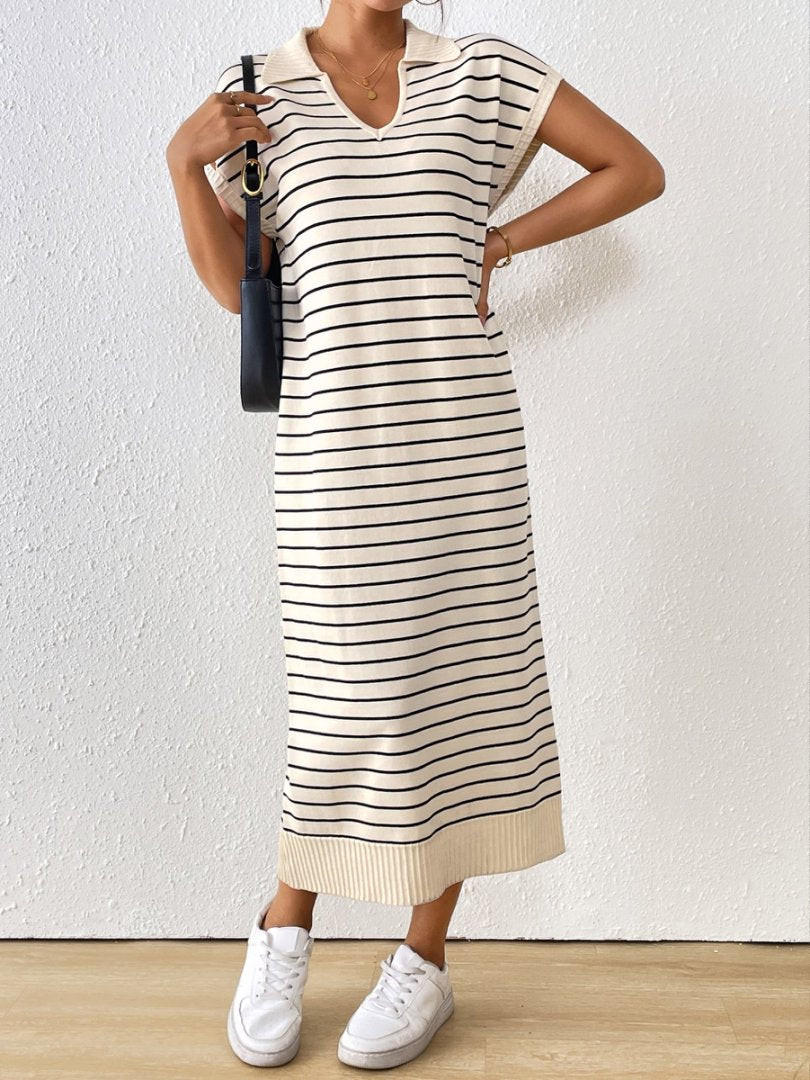 Striped Knit Polo Collar Maxi Dress - Apricot - 1