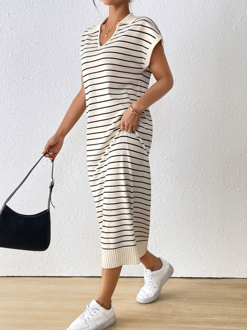 Striped Knit Polo Collar Maxi Dress - Apricot - 2