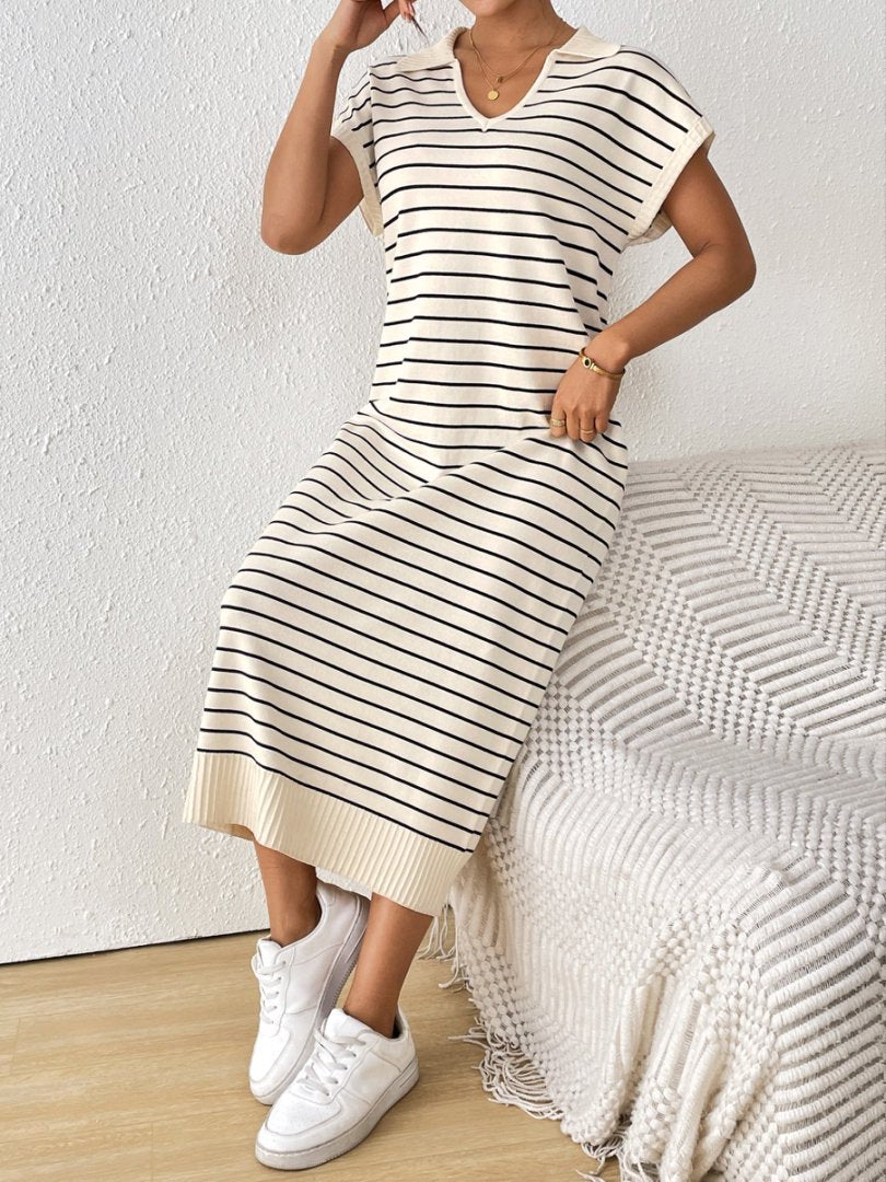 Striped Knit Polo Collar Maxi Dress - Apricot - 3