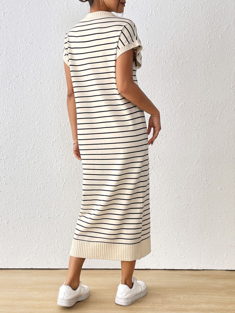 Striped Knit Polo Collar Maxi Dress - Apricot - 4