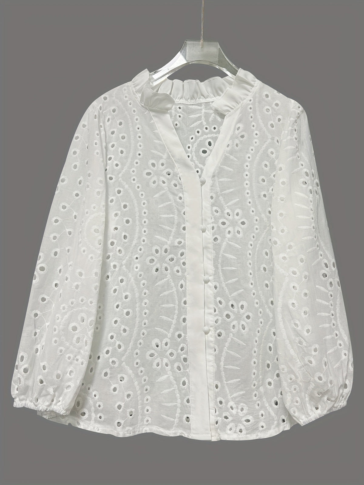 Broderie Floral Balloon Sleeve V Neck Blouse - White - 1