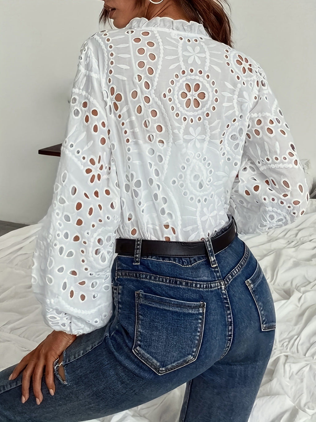 Broderie Floral Balloon Sleeve V Neck Blouse - White - 6