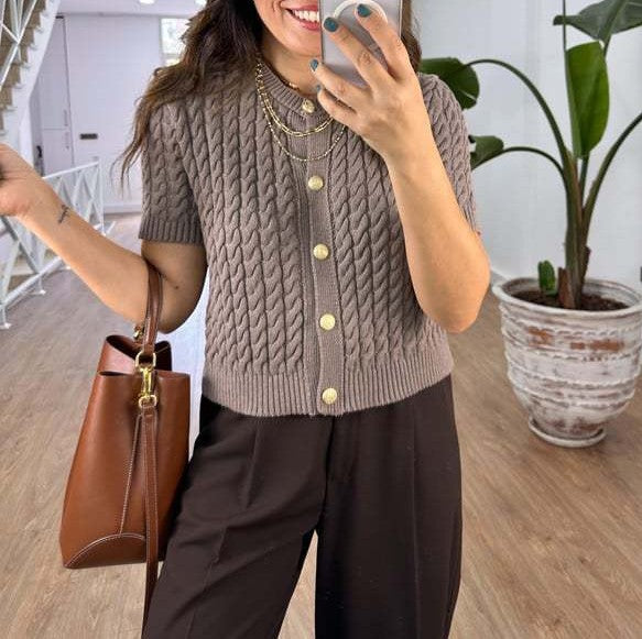 Cable Knit Button Front Short Sleeve Top - Mocha