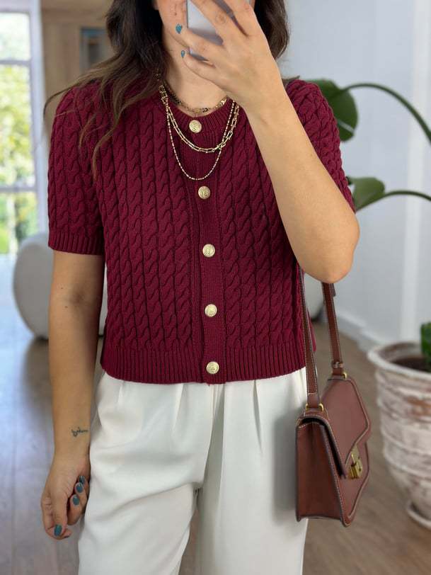 Cable Knit Button Front Short Sleeve Top - Red