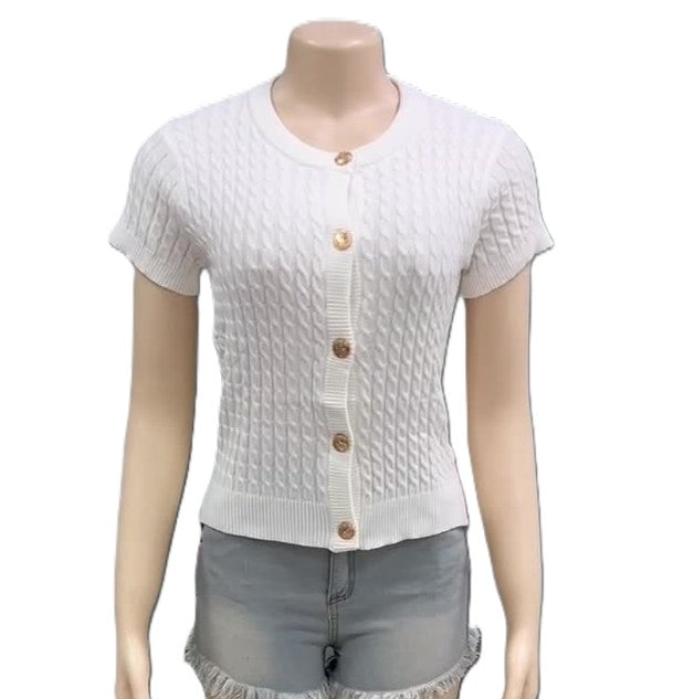 Cable Knit Button Front Short Sleeve Top - White