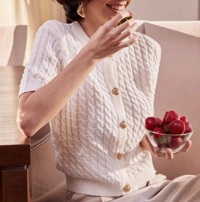 Cable Knit Button Front Short Sleeve Top - White - 1