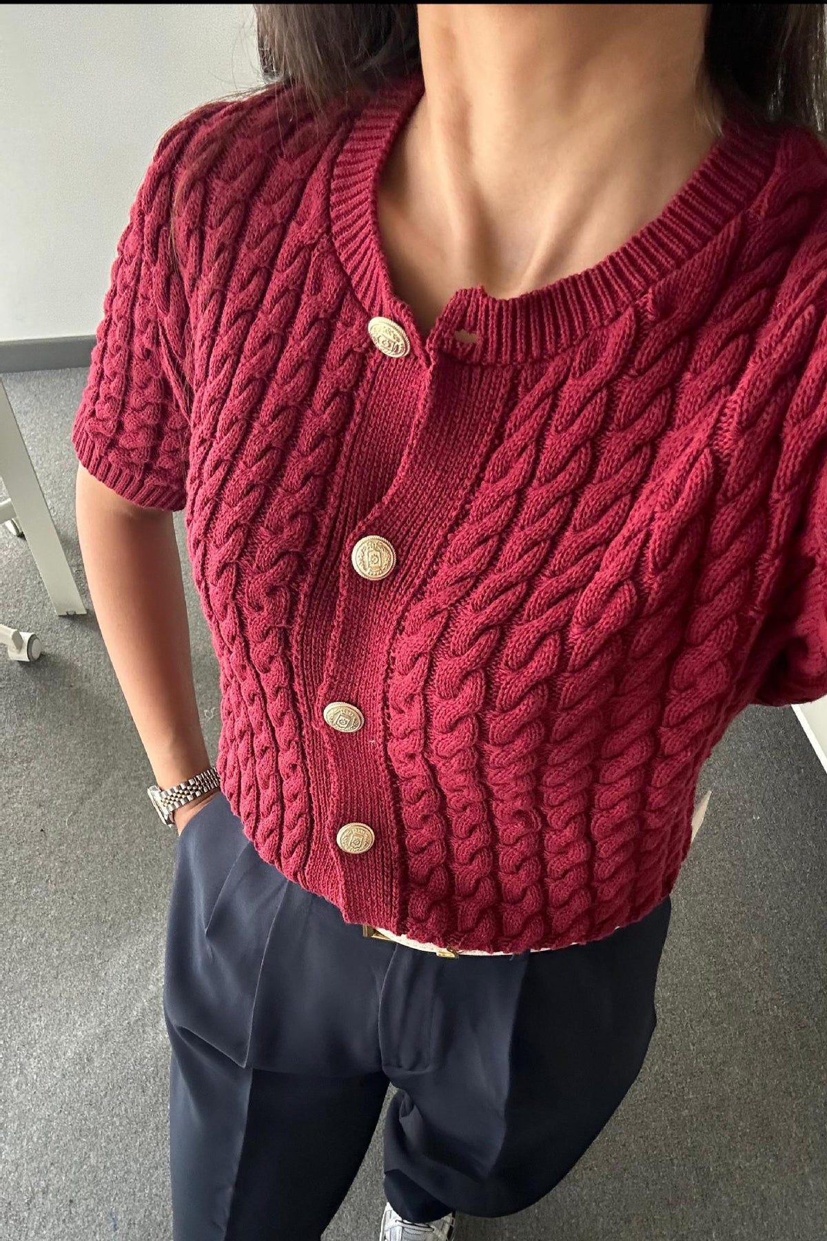 Cable Knit Button Front Short Sleeve Top - view 1