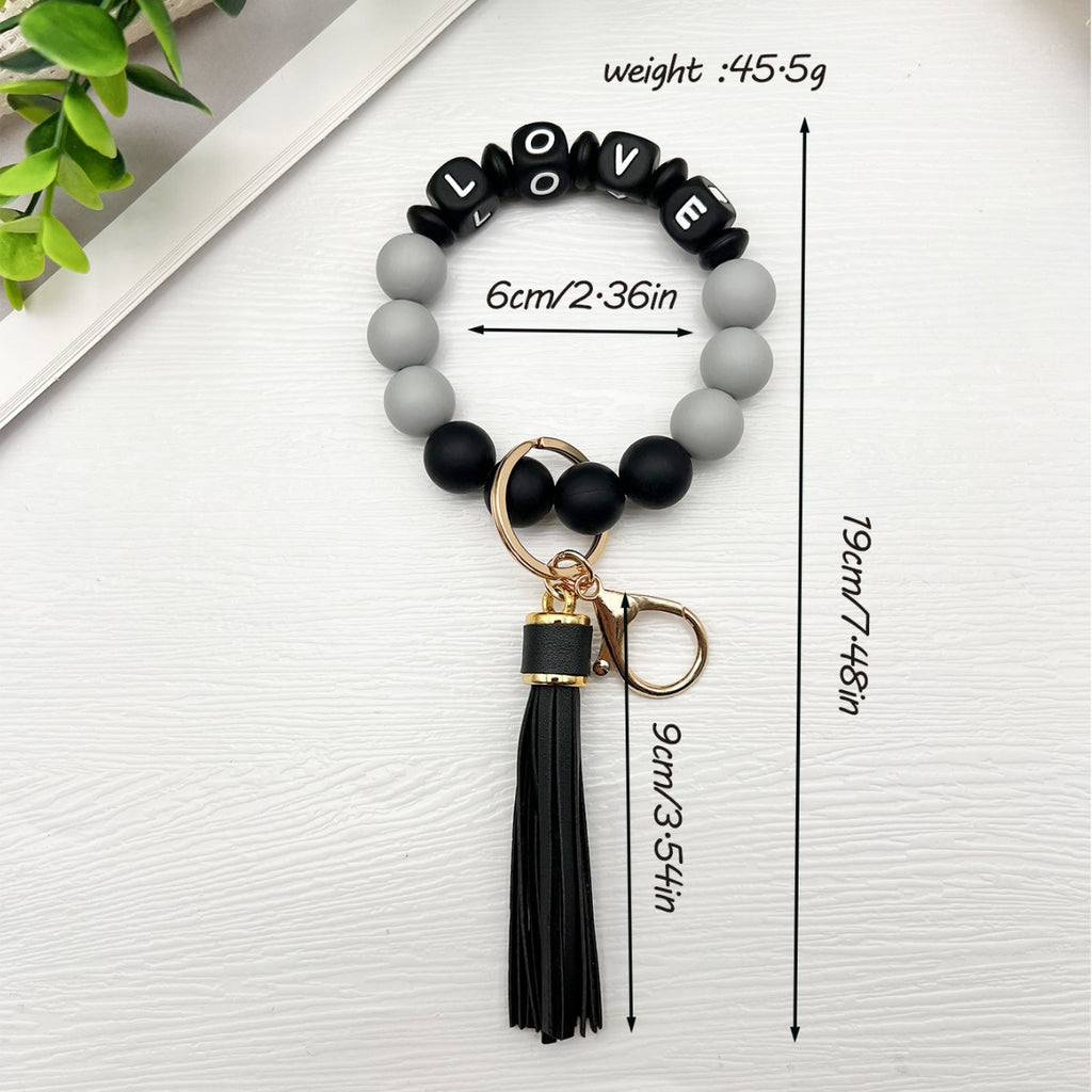 Letter Bead Wristlet Keychain With Tassel - Black