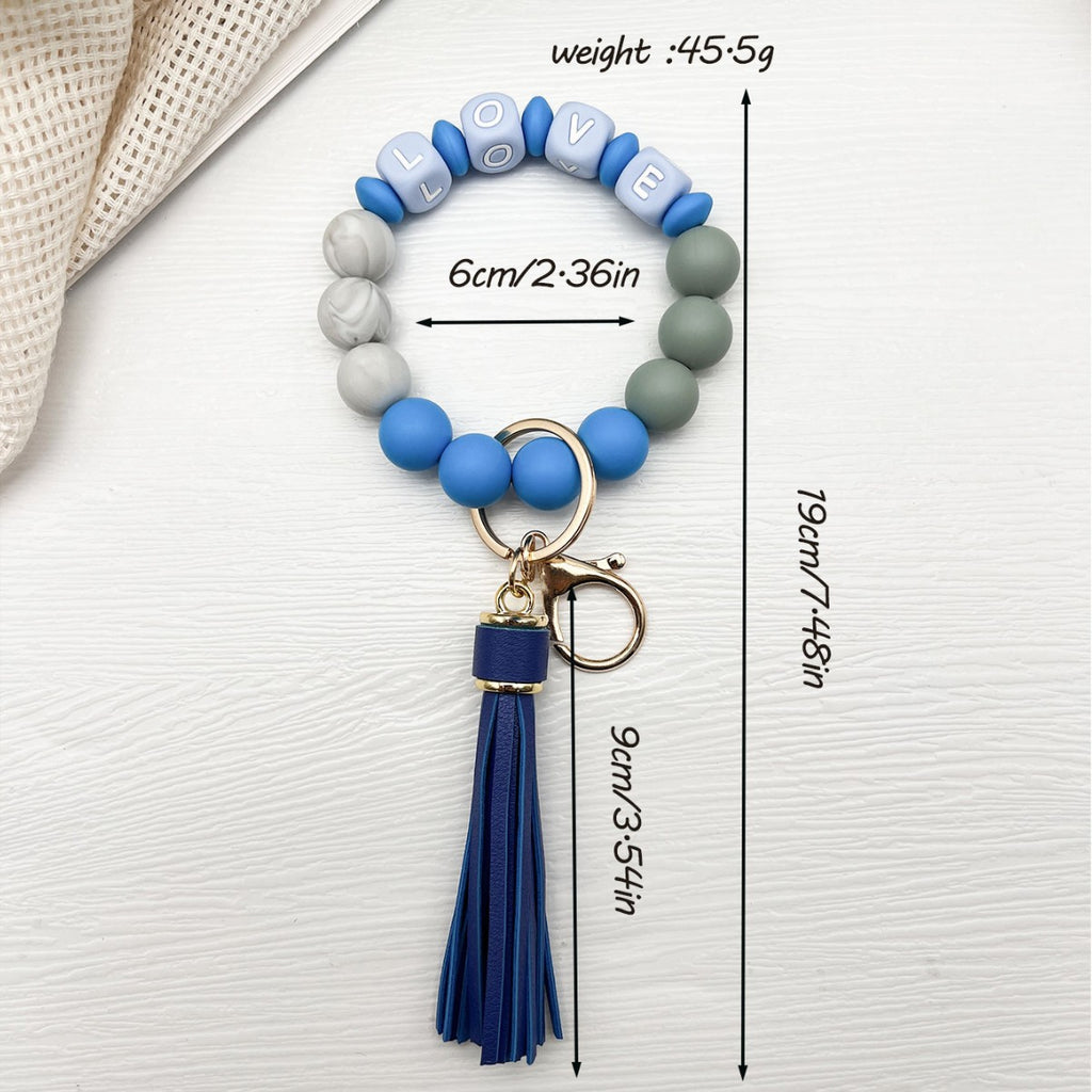 Letter Bead Wristlet Keychain With Tassel - Blue