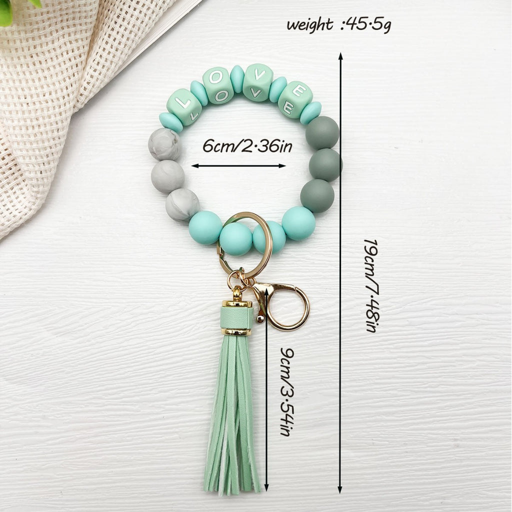 Letter Bead Wristlet Keychain With Tassel - Green