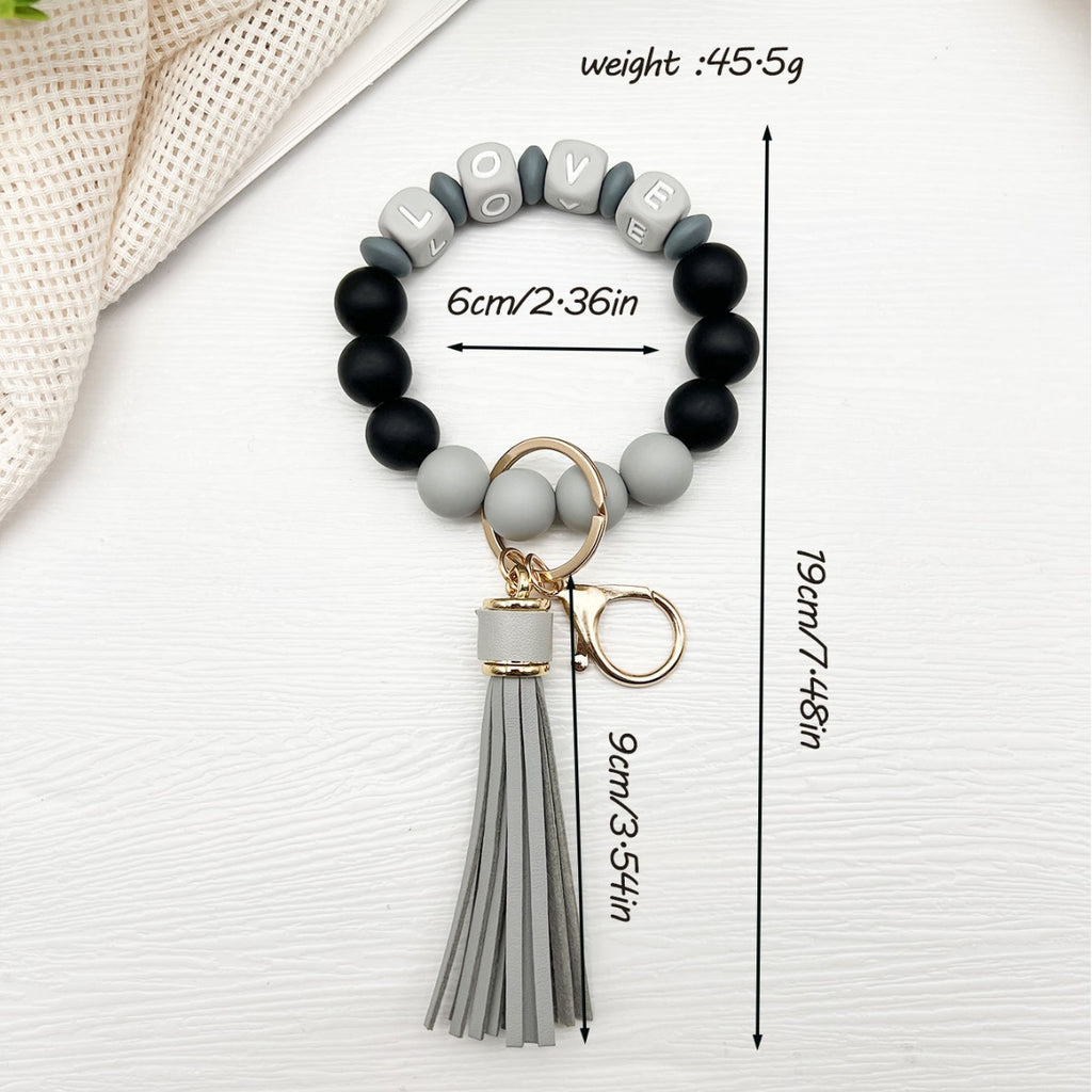 Letter Bead Wristlet Keychain With Tassel - Grey