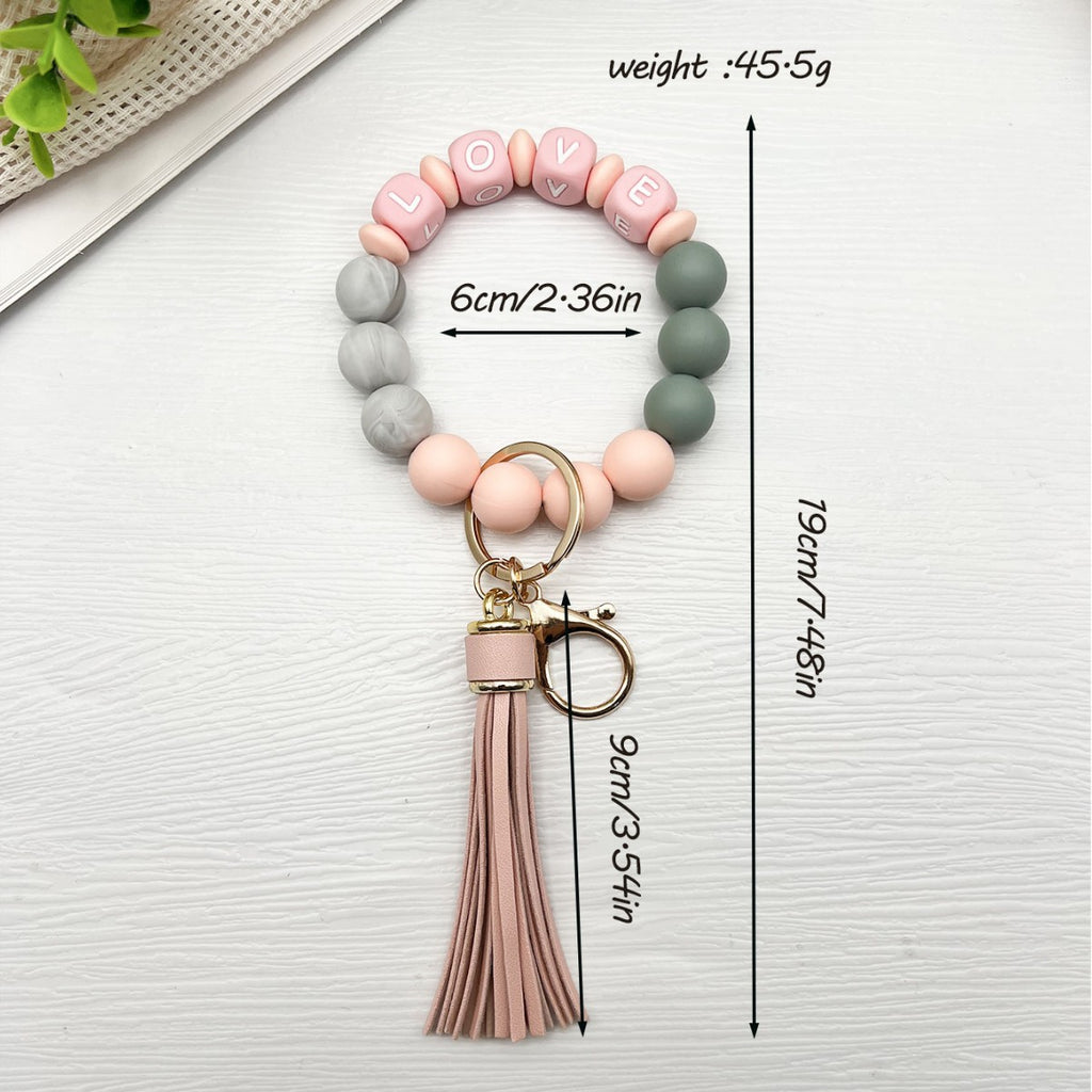 Letter Bead Wristlet Keychain With Tassel - Pink