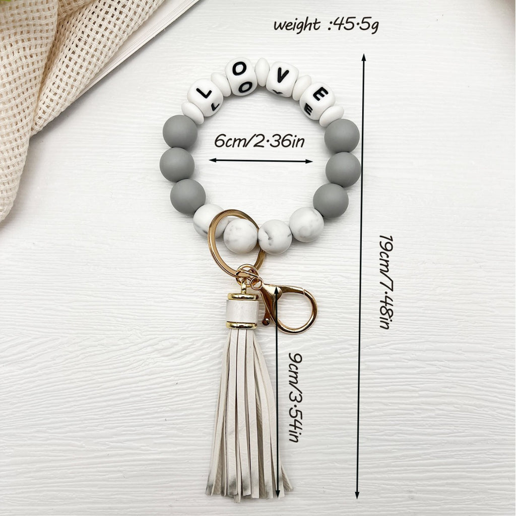 Letter Bead Wristlet Keychain With Tassel - White