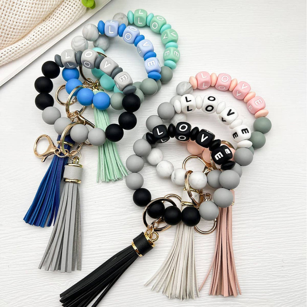 Letter Bead Wristlet Keychain With Tassel