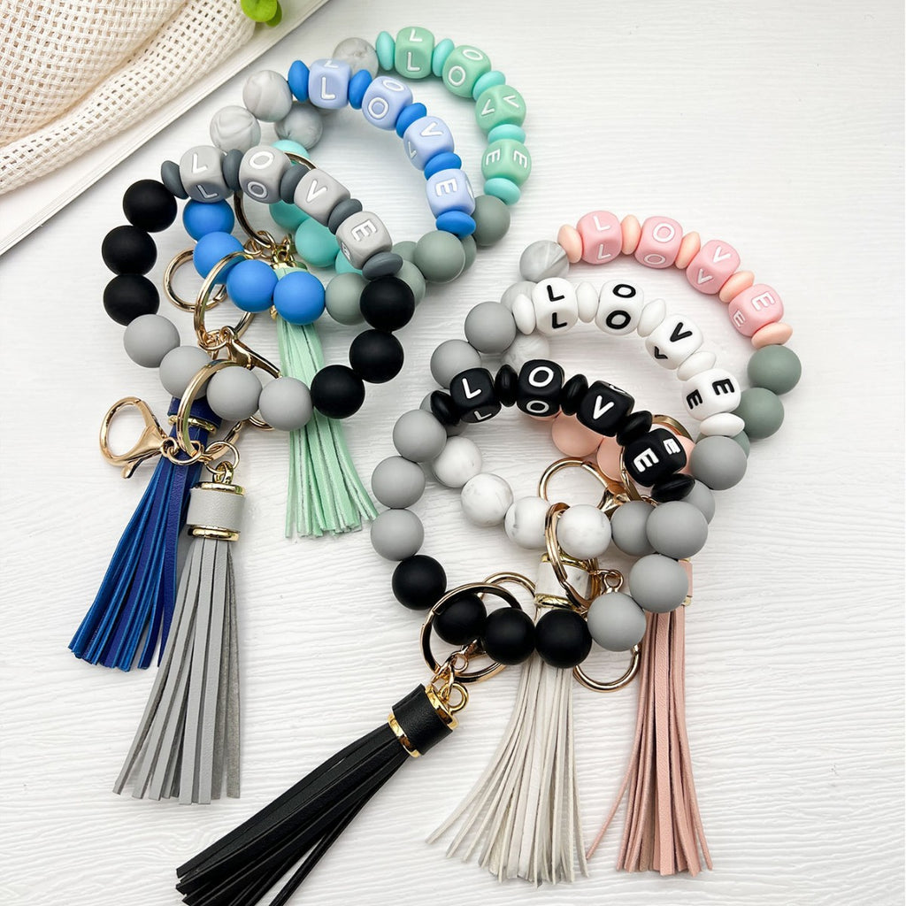 Letter Bead Wristlet Keychain With Tassel - view 1
