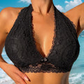Floral Lace Halter Neck Wireless Bralette - Black