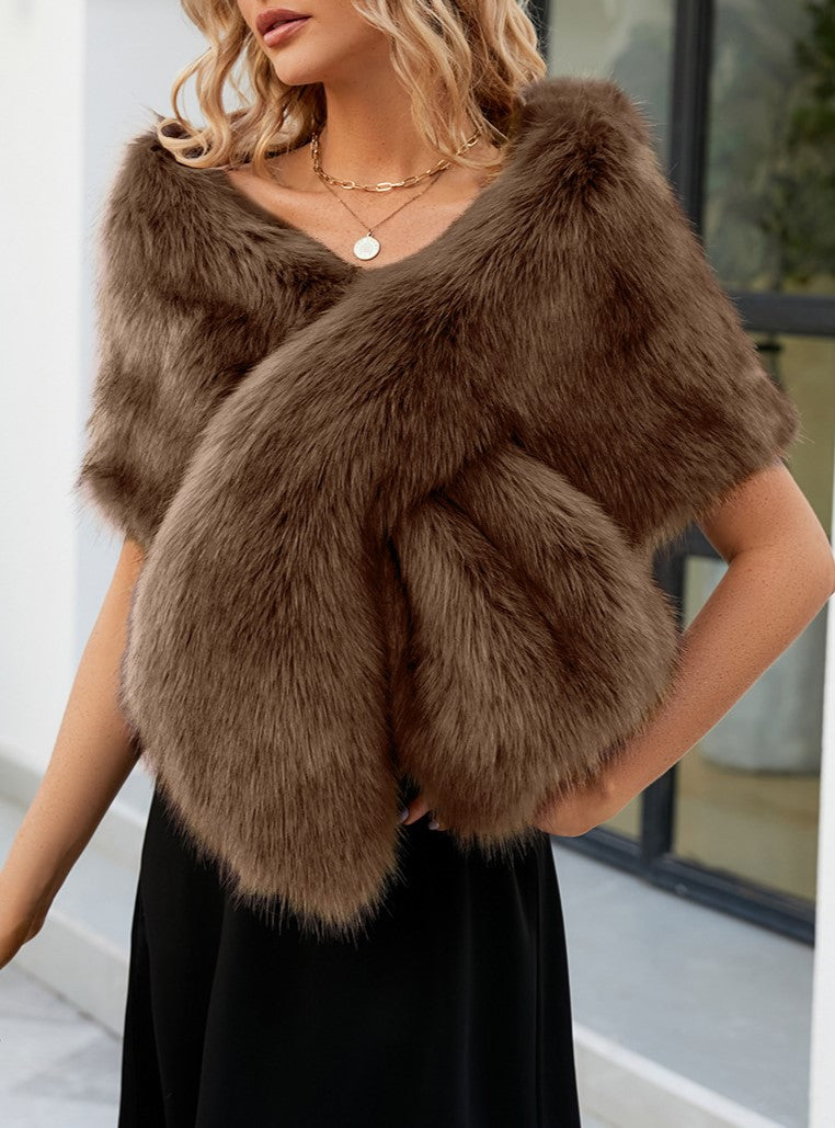 Faux Fur Crossover Stole Wrap - Coffee - 2