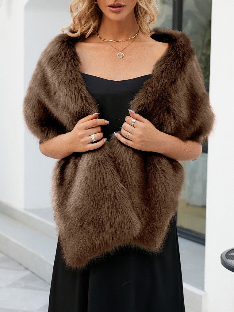 Faux Fur Crossover Stole Wrap - Coffee - 3