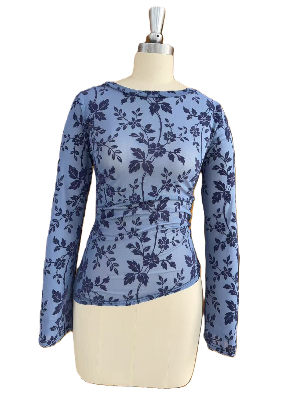 Sheer Mesh Floral Flocked Long Sleeve Blouse - Blue