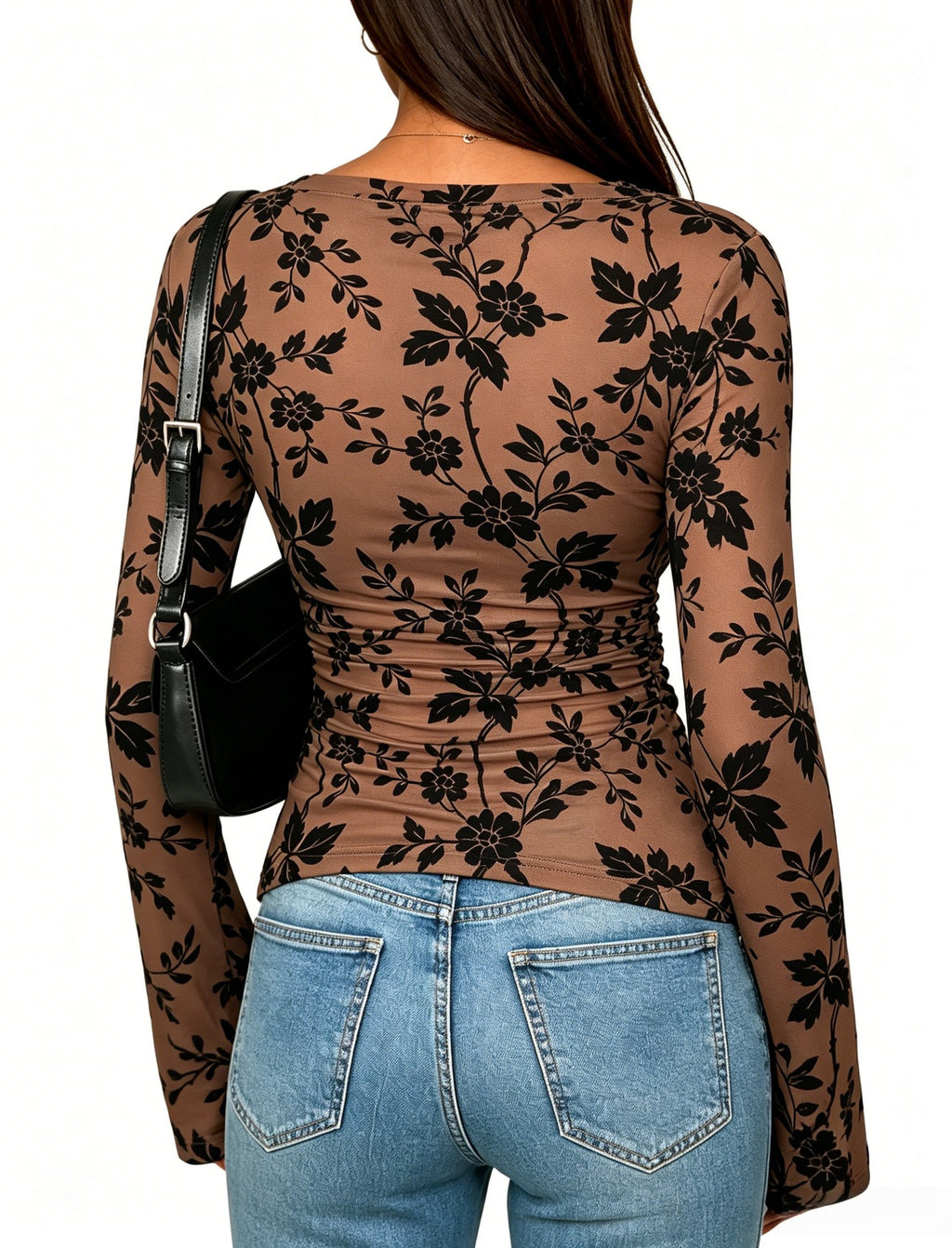 Sheer Mesh Floral Flocked Long Sleeve Blouse - Coffee - 2