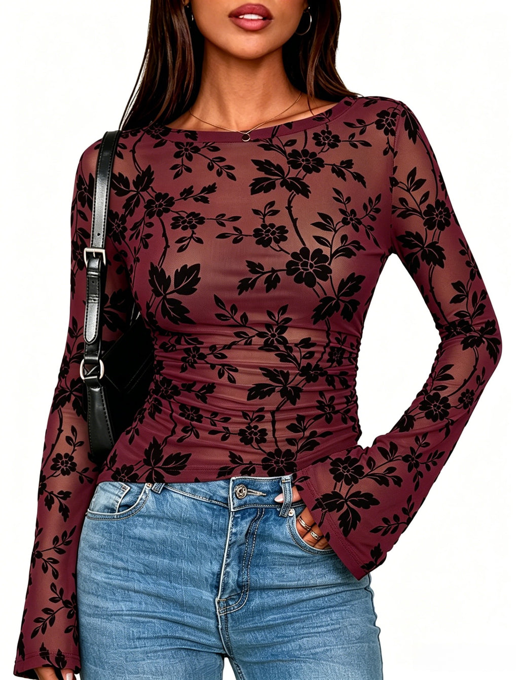 Sheer Mesh Floral Flocked Long Sleeve Blouse - WineRed