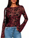 Sheer Mesh Floral Flocked Long Sleeve Blouse - WineRed
