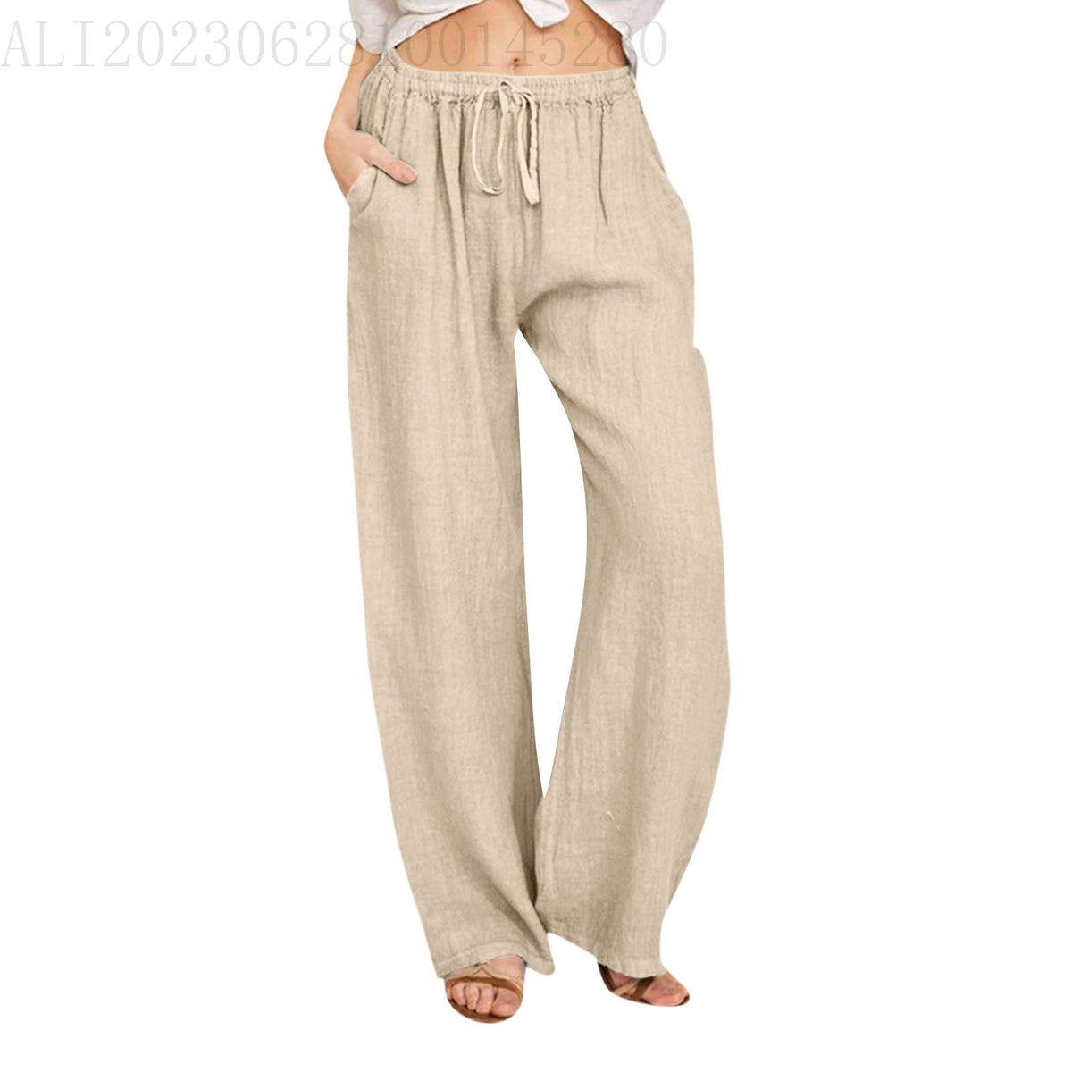 Drawstring Waist Wide Leg Cotton Pants - Apricot